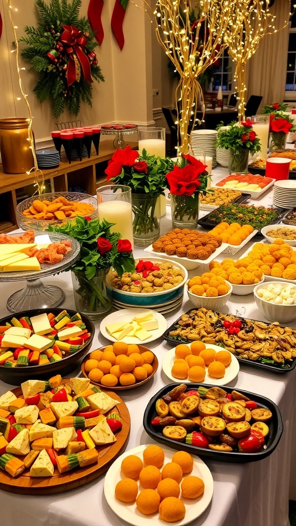 Festive Christmas Party Food Bar A festive Christmas food bar with cheese, charcuterie, sliders, and desserts, decorated for the holiday.